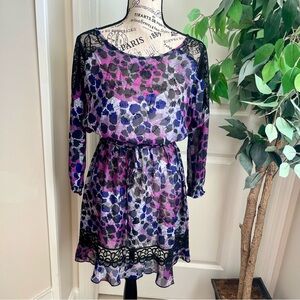 XOXO Y2K Sheer Animal Print Lace Detail Dolman Dress 
Purple Sz M